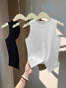 Celisse 3 Pcs/Set Women's Solid Color Elegant Round Neck Sleeveless Slit Fitted Button Tank Top