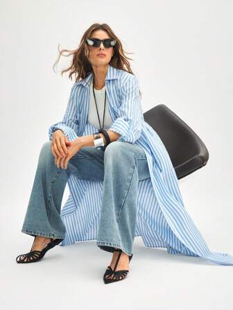 ATUI Studio Women's Summer Vacation Commuter Casual Blue Striped Cardigan With Belt Decorated Shirt Long Dress, Summer Dresses For Women, Business Casual Woman