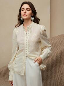 Anewsta New Puff Sleeve Shirt With Floral Lace Trim, Comfortable Versatile Casual Blouse, Spring/Summer - Apricot - View 6