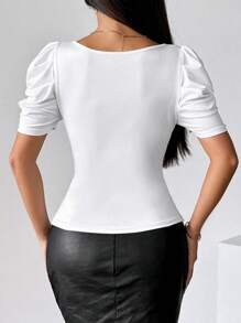 INAWLY Camiseta de manga corta de cuello en V sexy con cremallera delantera y ajuste ceñido - Blanco - Ver 2