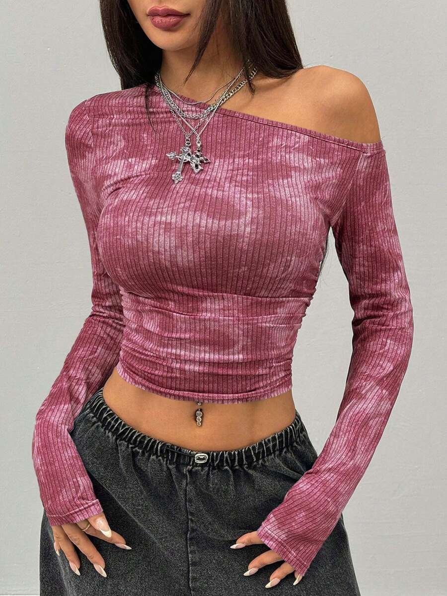 Coolane Tops de manga larga con cuello asimétrico, de punto, elásticos y cómodos para uso diario de mujer - Rojo - Ver 1