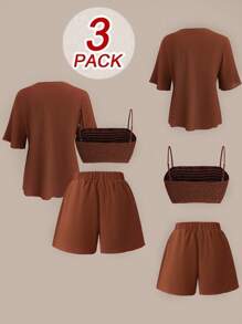 SHEIN LUNE Set da 3 pezzi taglie forti: Kimono marrone aperto, canottiera e pantaloncini - molteplici modi per indossarlo