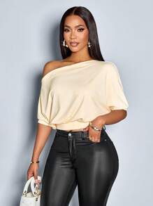 SOLERSUN Camiseta de mujer con cuello asimétrico sólido y hombros fruncidos - Albaricoque - Ver 4