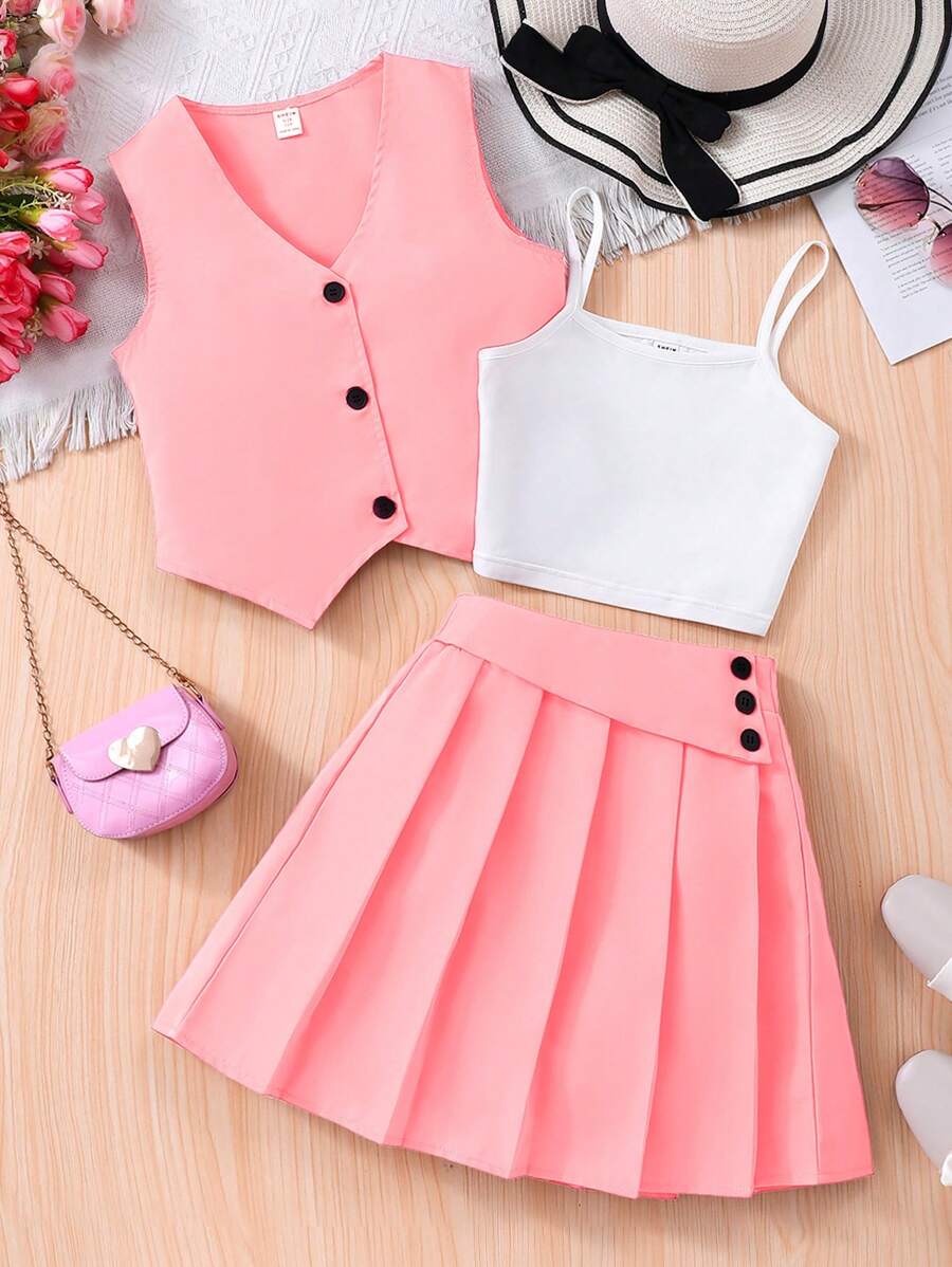 SHEIN 少女优雅通勤三件套 | 韩版学院风上衣+吊带背心+百褶迷你裙 | 时尚套装 | 甜美公主风百搭套装 - 粉色 - 查看 1