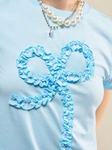 SHEIN Unity Damen Lässig T-Shirt mit 3D plissierter Schleife am Rundhalsausschnitt und Kurzarm - Blau - Übersicht 2