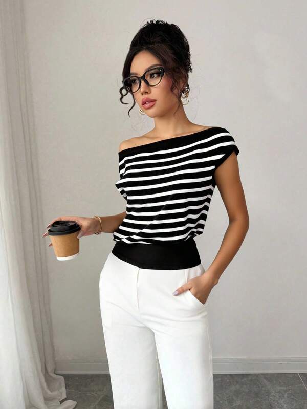 Elenzga Tricou de vară pentru femei, cu umeri goi, cu tiv în dungi, talie strânsă, elasticitate ridicată