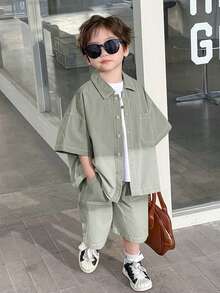 Young Boys Summer Casual Street Japanese And Korean Loose Fit Black Shirt With Workwear Shorts 2 Pieces Set,Back To School Kids Fashion Outfit - Mint Green - View 8