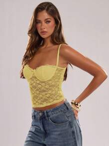 SHEIN BAE Lace Strap Padded Sexy Cami Yellow Top, Suitable For Music Festival, Party, Street Style And Daily Wear - Yellow - View 6