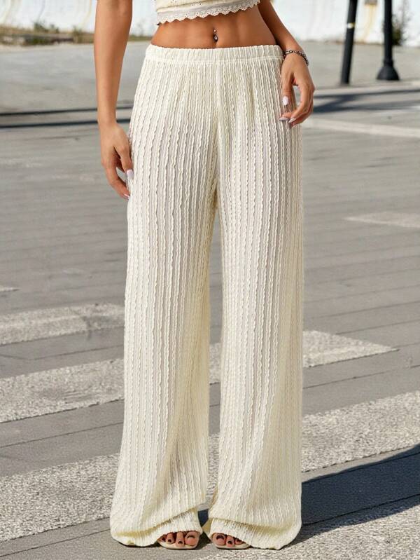 SHEIN ICON Women Knitted Jacquard Pleated Hollow Out Beige Casual Vacation Low Waist Beach Straight Leg Pants