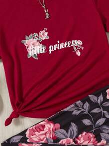 SHEIN 毛孩女孩花卉&字母圖形t恤和緊身褲