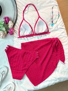 SHEIN Bộ đồ bơi 3 món cho bé gái tuổi teen: Áo hai dây dệt kim màu đỏ hồng, quần bơi, đồ bơi quấn, đồ bơi 3 mảnh - Màu Hồng Tươi - Xem 2