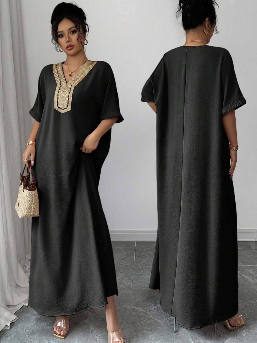 Chiquease 纯色纹理V领针织花卉开衩宽松女式短袖连衣裙 - 黑色 - 查看 1