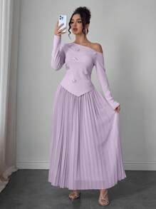 Modelyn 2 件套女士春夏斜肩串珠花朵装饰褶边雪纺裙 - 淡紫色 - 查看 7
