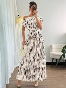 Elenzga 女士时尚印花系带肩部设计修身优雅长裙/长裙/中裙，适合度假、约会、夏季假日装/夏季装/休闲装 - 现代休闲/度假休闲装 - 彩色 - 查看 7