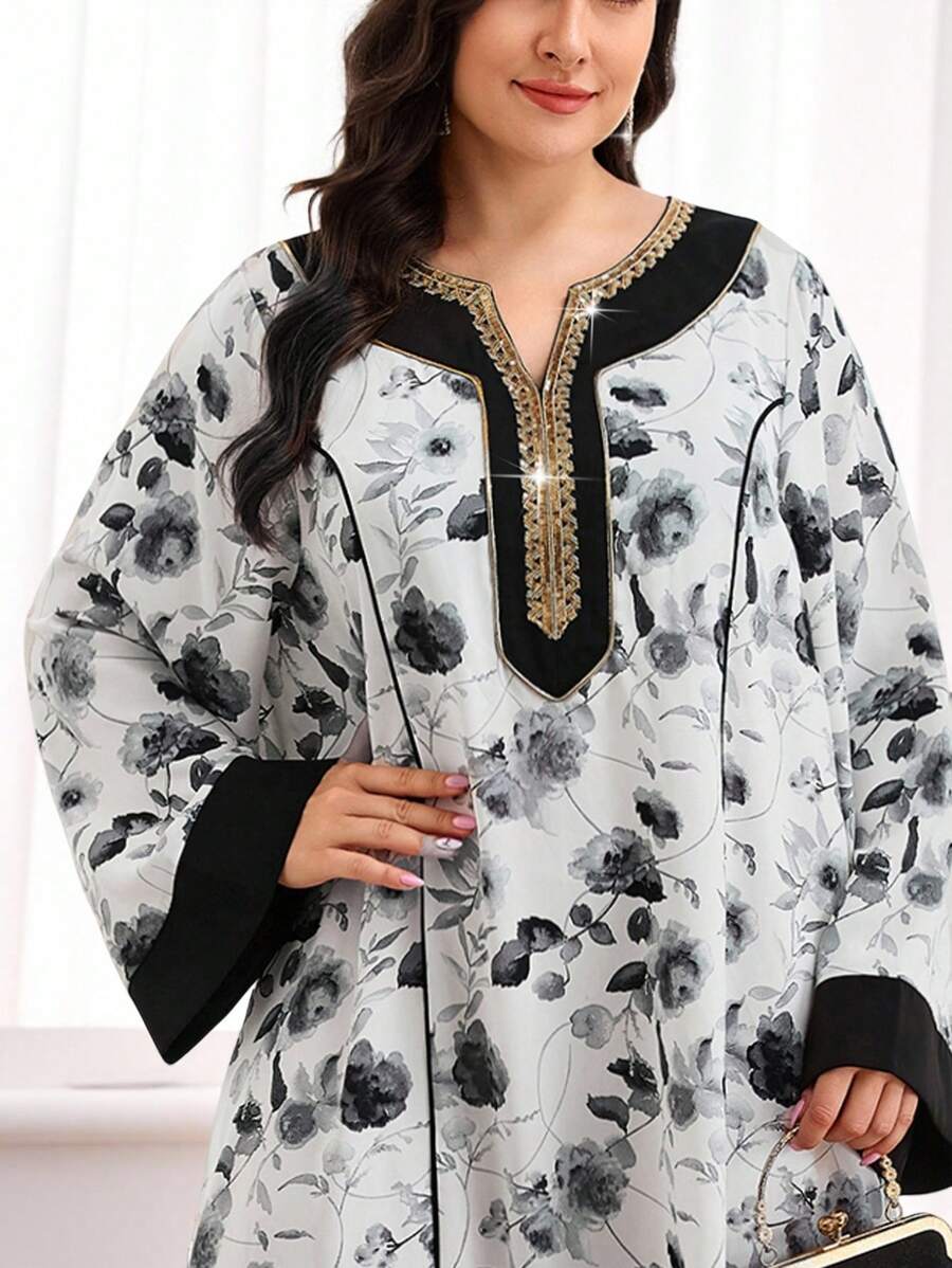 Al Najma 加大码传统阿拉伯长袍，V 领，白底黑色花卉印花，加大码长袖，朴素的卡夫坦 - 黑與白 - 查看 1