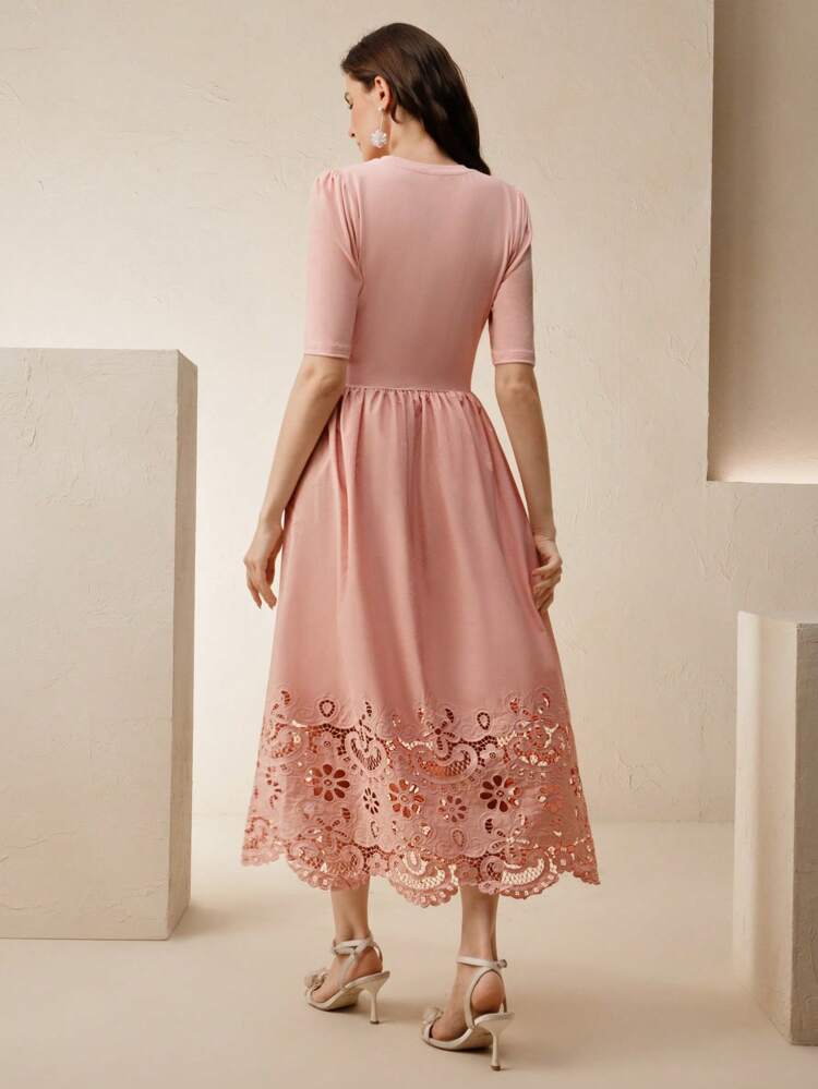 Women's Elegant Pink Midi Dress With Half Sleeves And Delicate Floral Lace Hem