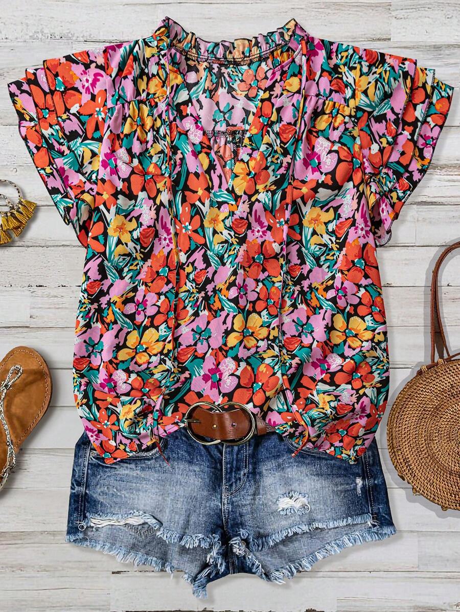 SHEIN LUNE CURVE 大码女式花卉印花 V 领罩衫 3/4 袖休闲夏季衬衫，日常和节日穿着 - 黑色 - 查看 1