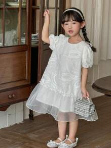 DAZY 小女孩圆领纹理拼布荷叶边下摆中长连衣裙，女孩夏季服装 - 杏色 - 查看 4