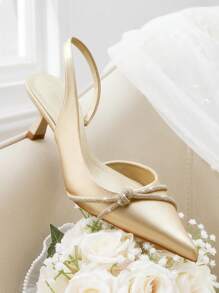 CUCCOO HITCHD 女士尖头低跟鞋舒适时尚百搭金色水晶带婚礼派对活动高跟鞋和露背浅口鞋 - 金色 - 查看 3