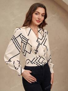 EMERY ROSE Camicetta casual con scollo a V, maniche lunghe, plissettatura integrale e stampa floreale casuale, maglie a maniche lunghe