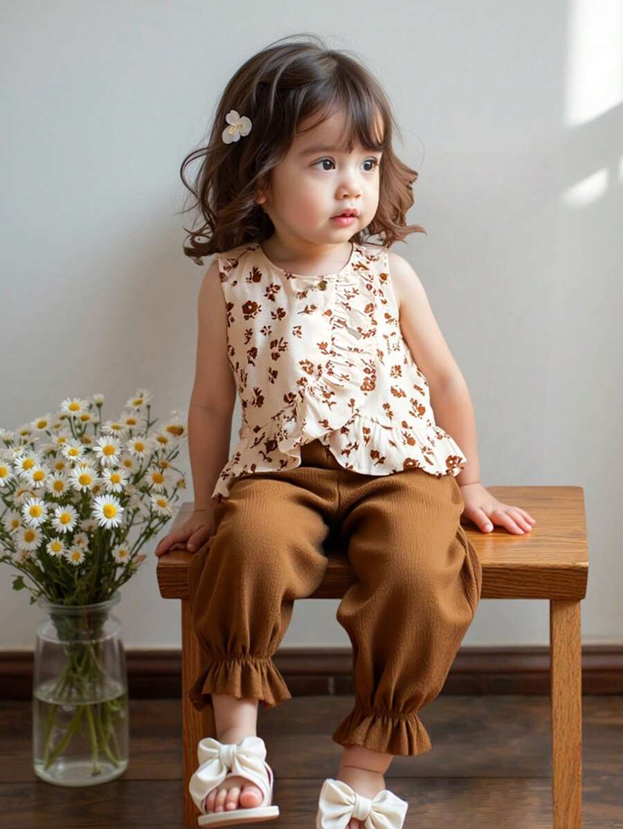 SHEIN LMoss Kids Bộ 2 áo và quần bo gấu họa tiết hoa cho kỳ nghỉ hè dành cho bé gái - Nhiều màu - Xem 1