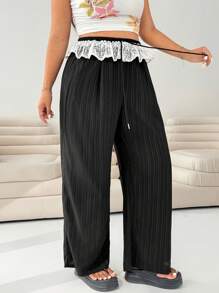 SHEIN EZwear Plus Size Elastic Waist Lace Patchwork Straight Leg Casual Pants - Black - View 4