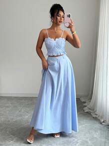 Elenzga Damen elegantes, stilvolles Arbeits-/Büropendler-Lässig-Komfort-Urlaubs-Abschluss-Feiertagsgentle Lady Boho-Ärmellos-Camisole-Patchwork-Spitzen-Kurztop mit A-Linien-Rüschensaum-Rock gestreift Zweiteiler-Set