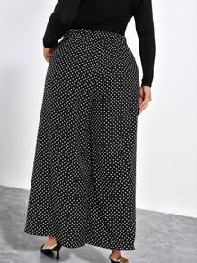 Chikora 大碼波點印花闊腿褲 - 黑色 - 查看 2