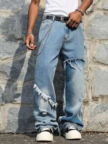 Manfinity EMRG 男士休闲宽松破洞阔腿牛仔裤 - 藍色 - 查看 8