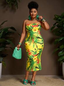 Slaydiva 大码女式热带印花修身抹胸连衣裙，夏季海滩度假风格