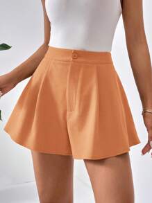 SHEIN Essnce Solid Color Pleated Pocket Shorts, Elegant & Fashionable For Summer,High Waisted Shorts - Orange - View 4