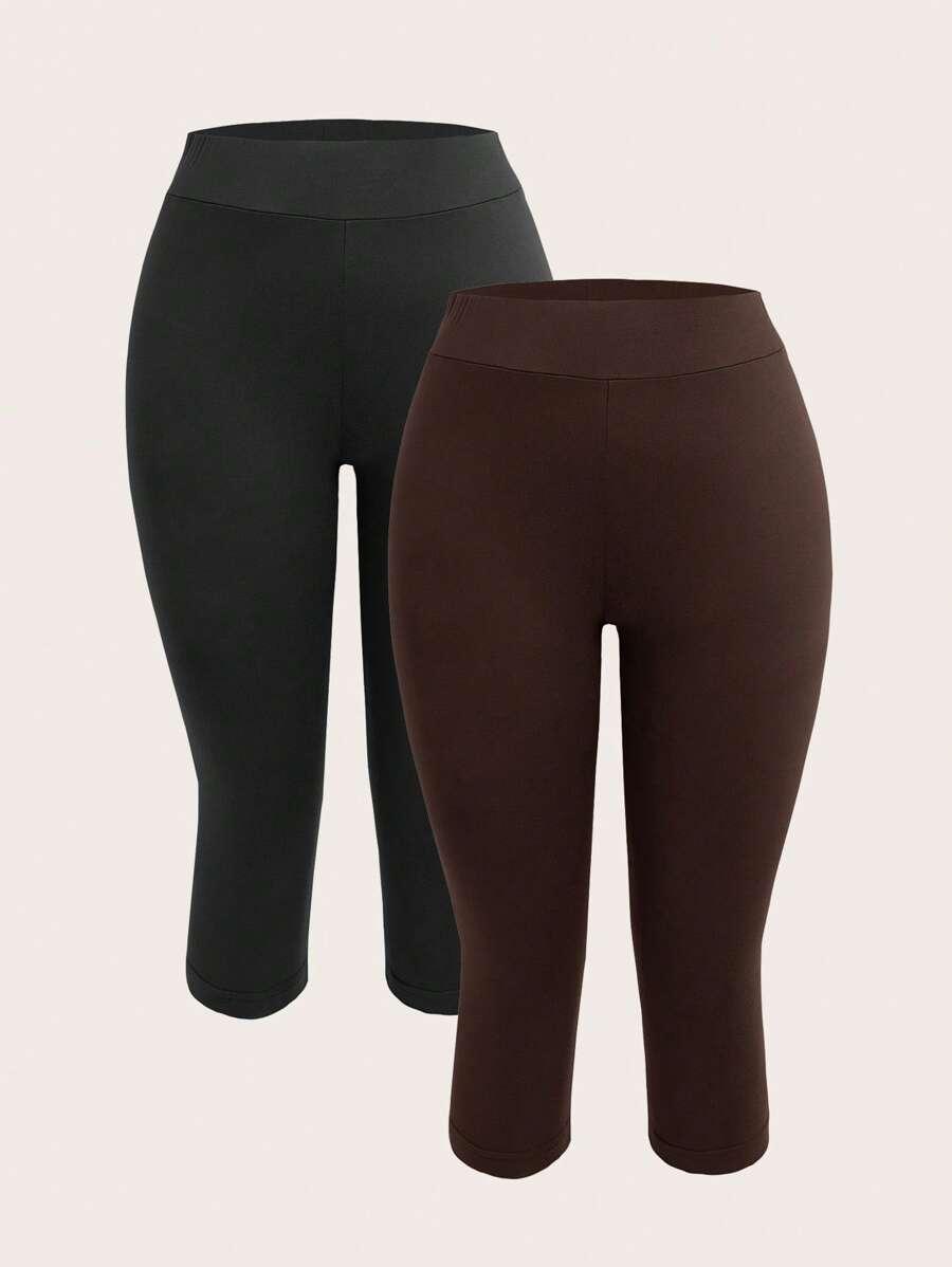 SHEIN EZwear 2 Cặp quần legging bó dài 3/4 cho nữ, màu đen và nâu, thích hợp cho mùa hè - Nhiều màu - Xem 1