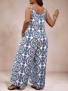 SHEIN VCAY VCAY Plus Size Boho Retro Print Sleeveless Jumpsuit, Vacation Retro Style Vacation Outfits Woman Summer Outfits For Women Valentine's Day Spring Outfits For Women Tropical Vacation Woman Festival