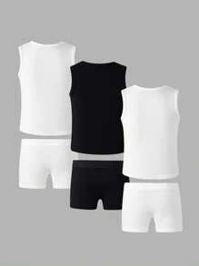 SHEIN 6件套 男童简约圆领背心和松紧腰平角内裤休闲舒适内衣套装 - 彩色 - 查看 2