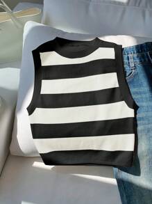 Comfortcana 女式休闲简约黑白条纹短款针织上衣 - 黑與白 - 查看 4