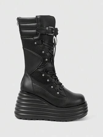Grunge Punk Women's Mesh Panel Platform Wedges Heels Mid-Calf Punk Boots Studded Goth Dark Style Casual Shoes
