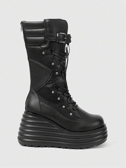 Grunge Punk Botas de plataforma y cuña de malla para mujer, de estilo punk, gótico y casual, con tachuelas, de media pantorrilla