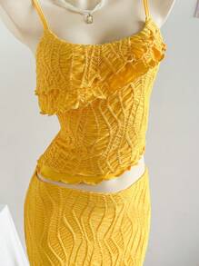 Soleia Bộ váy chữ A họa tiết da báo nhiều màu sắc cho nữ, phối viền bèo nhún, xẻ eo co giãn, viền bất đối xứng, bộ váy hai mảnh màu vàng, bộ váy vàng, bộ hai mảnh mùa hè, bộ hai mảnh ren, bộ váy mùa hè - Màu vàng - Xem 5