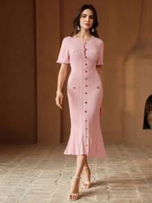 Anewsta Đầm dài tay dáng chữ A màu trơn, chất liệu dày dặn, dệt kim họa tiết dây xoắn đục lỗ, có bèo nhún, cài nút, thích hợp cho mùa thu, đông, các dịp trang trọng, tiệc tùng, thanh lịch, thường ngày, công sở, lễ tốt nghiệp, đám cưới. - Hồng - Xem 5