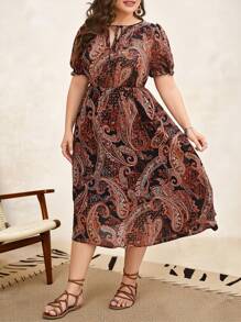SHEIN Clasi Plus Paisley Print Tie Neck Puff Sleeve Dress, Summer,Beach Dress Sundress,Holiday Outfits Boho,Western Wear Women - Multicolor - View 3