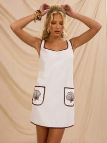 Avantive Summer New Style Square Neck A-Line Shell Embroidery Contrast Color Sleeveless Beach Mini Dress For Women