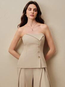 Anewsta Bộ đồ vest nữ áo crop top khóa kim loại bất đối xứng và quần ống rộng, màu be, hiện đại và tối giản - Màu be - Xem 4