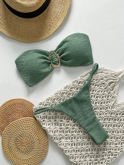 Swim Basics Springbreak Women Beachwear Summer Outfits, Women Solid Color Jacquard Fabric Strapless Metal Decor Sexy Bikini Set Green