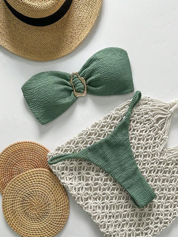 Swim Basics Springbreak Women Beachwear Summer Outfits, Women Solid Color Jacquard Fabric Strapless Metal Decor Sexy Bikini Set Green