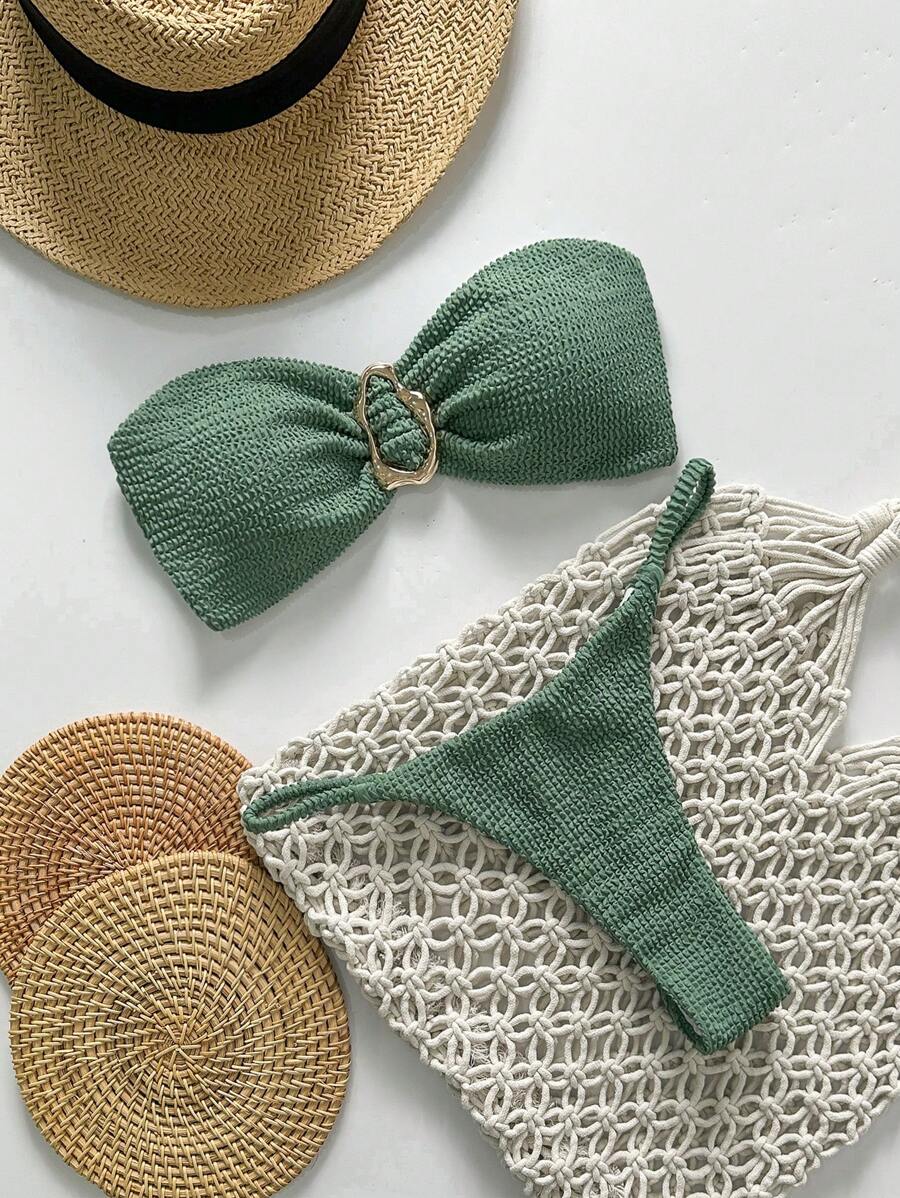 Swim Basics Springbreak 女士沙滩装夏季套装，女士纯色提花面料露肩金属装饰性感比基尼套装 - 綠色 - 查看 1