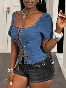 Slaydiva Women Denim Short Sleeve Top, Casual Blue Color Women Summer Shirts Women Summer Blouses Women Shirt Women Spring Tops Crop Top Going Out Tops Y2k Tops Summer Top Tie Front Top Work Tops 4th Of July Women - Medium Wash - View 3