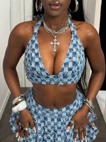 Slaydiva 女士牛仔露背短款上衣，修身性感，蓝色 - 淺色水洗藍 - 查看 4