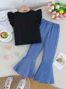 2pcs/Set Young Girls Back-To-School Career Day English Crayon Print Cap Sleeve T-Shirt And Flared Jean-Like Pants,Summer Comfortable Casual Outfit - Multicolor - View 2
