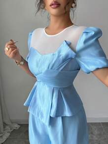 Elenzga 2pcs/Set Women Casual Balloon Sleeve Top And Shorts - Blue - View 1