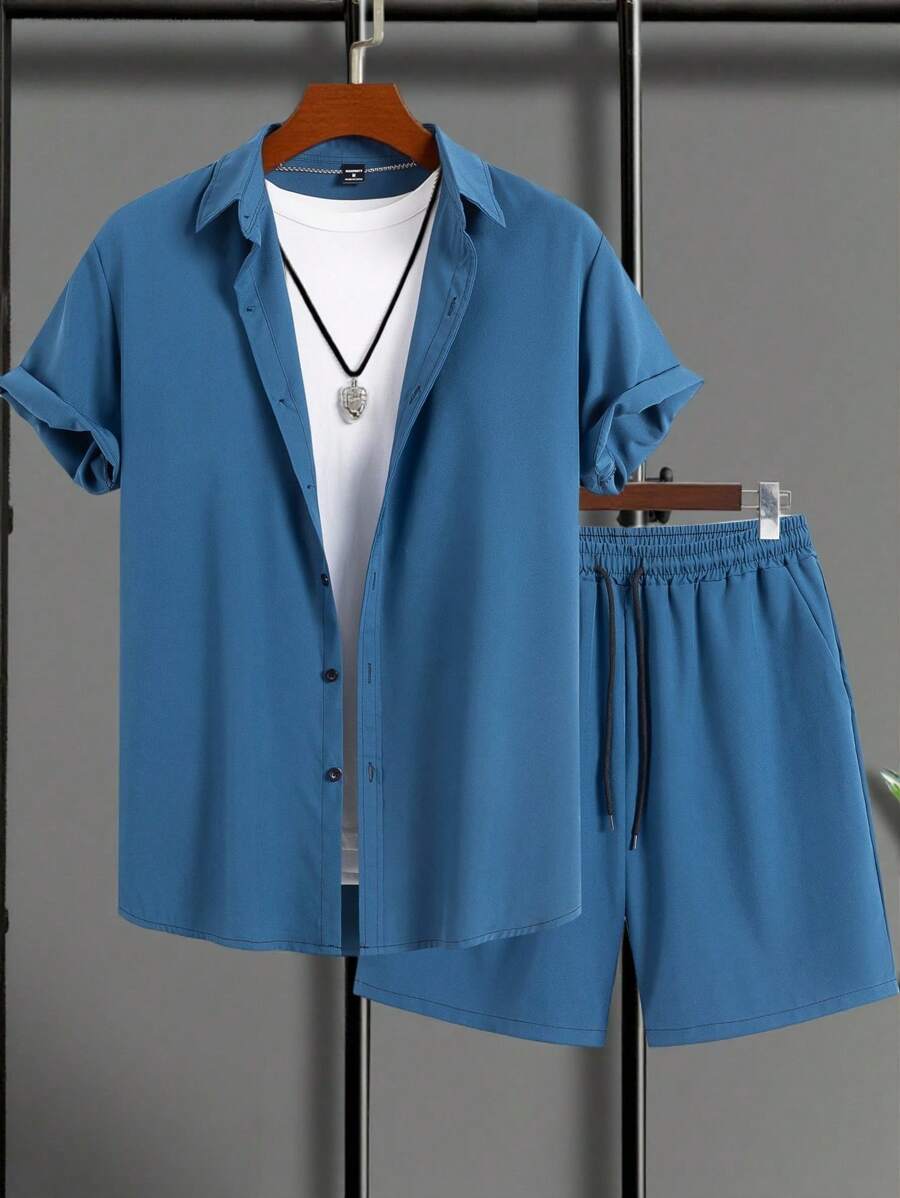 Manfinity Homme Men's Summer Solid Color Short Sleeve Single-Breasted Shirt & Shorts 2 Pieces Set, Cozy Outfits - Teal Blue - View 1